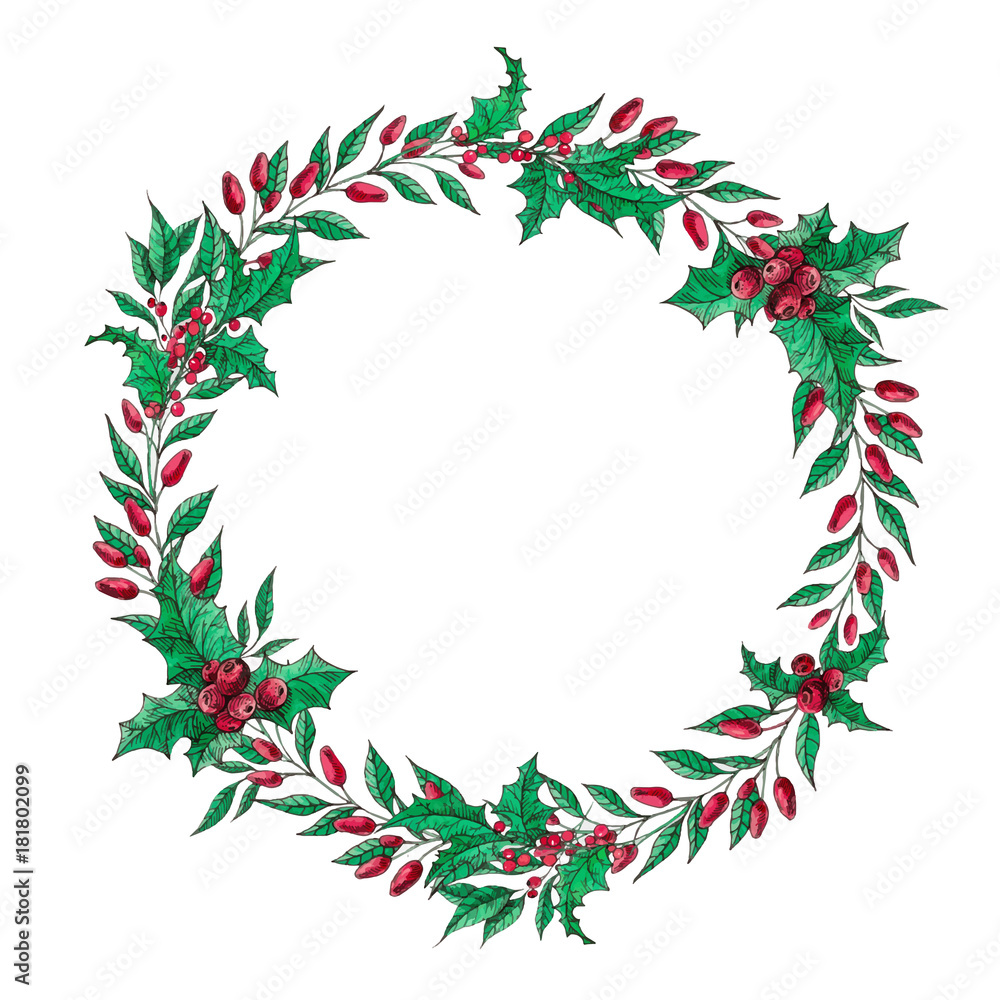 Decorated Merry Christmas wreath of forest plants, ilex red holly berries branches, leafs. Winter plants holiday decoration. Watercolor ink hand drawn illustration. Round vintage frame Christmas card Decorated Merry Christmas wreath of forest plants, ilex red holly berries branches, leafs. Winter plants holiday decoration. Watercolor ink hand drawn illustration. Round vintage frame Christmas card