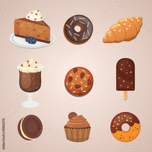 Chocolate sweet dessert icons. Organic food vector photo