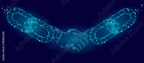 Blockchain technology agreement handshake business concept low poly. Polygonal point line geometric design. Hands chain link internet hyperlink connection blue vector illustration