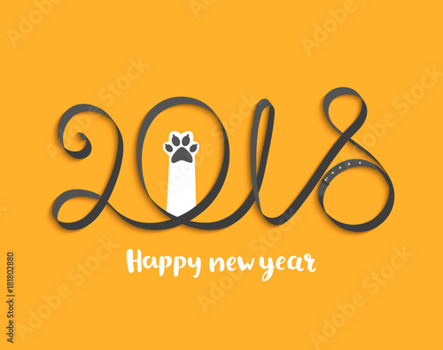Card for Happy 2018 New Year with puppy paw. Vector Illustration.