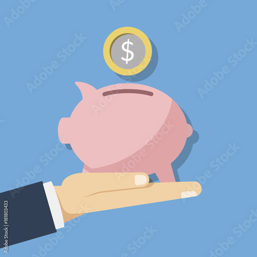 Concept illustration of saving money. Pink piggy piggy bank and a coin or money in the hand of a person. Flat vector illustration