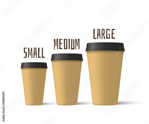 Realistic coffee cups of different sizes isolated on a white background. Paper cups mockup. Vector illustration