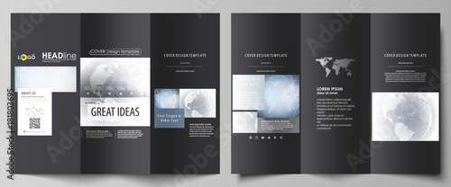 The black colored minimalistic vector illustration of the editable layout of two creative tri-fold brochure covers design templates. Abstract futuristic network shapes. High tech background.