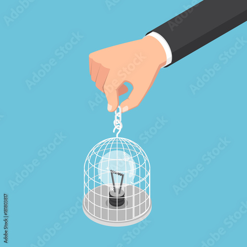 Isometric businessman hand holding birdcage with light bulb.