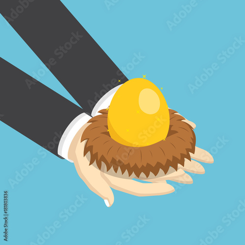 Isometric businessman holding nest with golden egg.
