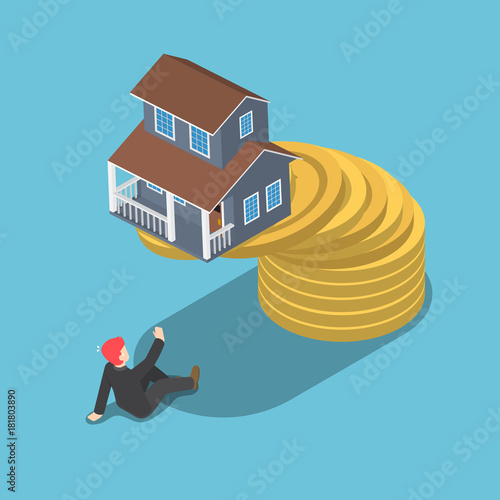 Isometric house on the top of golden coin falling to businessman.