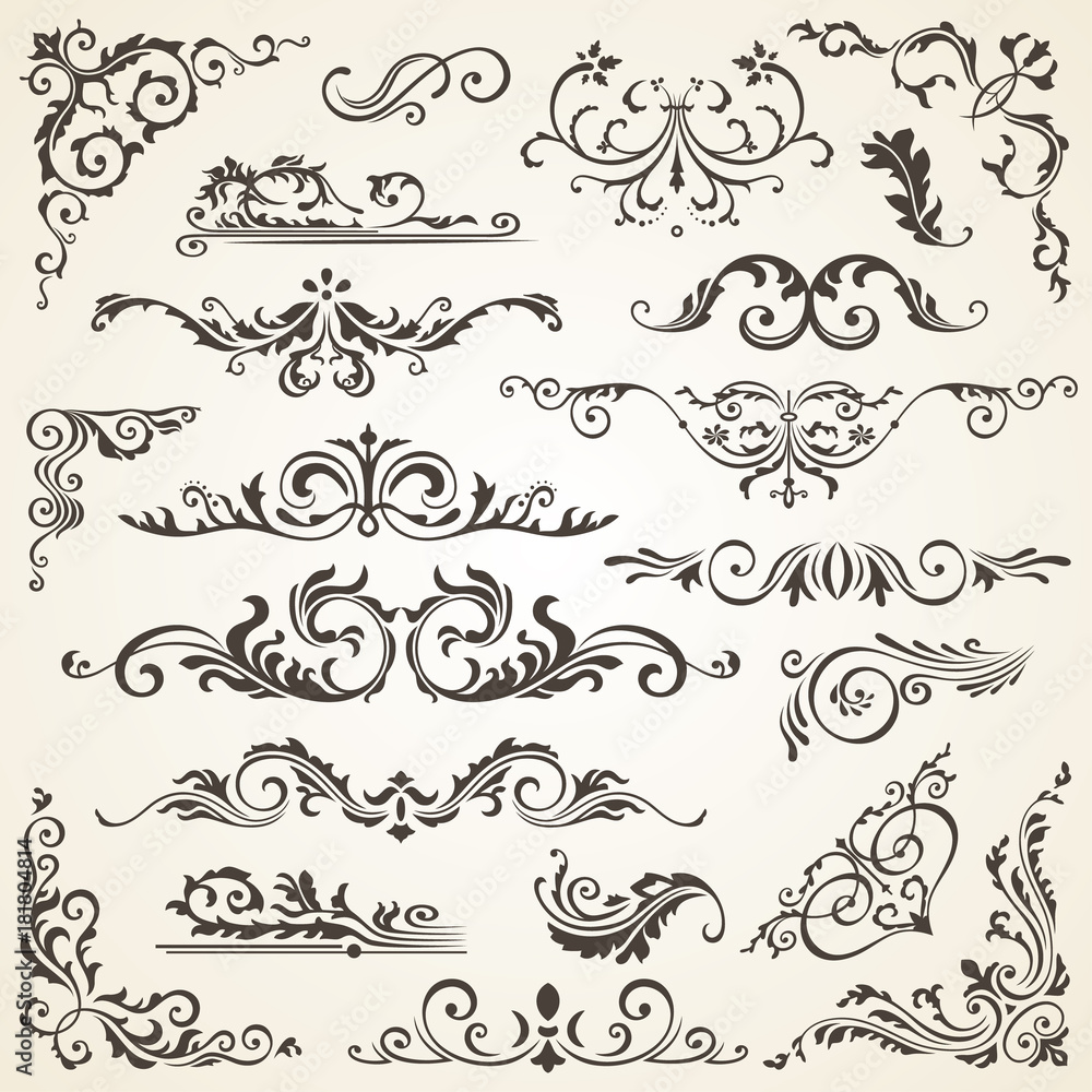 set of Swirl Elements for design. Calligraphic page decoration, Labels, banners, antique and baroque Frames floral ornaments. Old paper set of Swirl Elements for design. Calligraphic page decoration, Labels, banners, antique and baroque Frames floral ornaments. Old paper