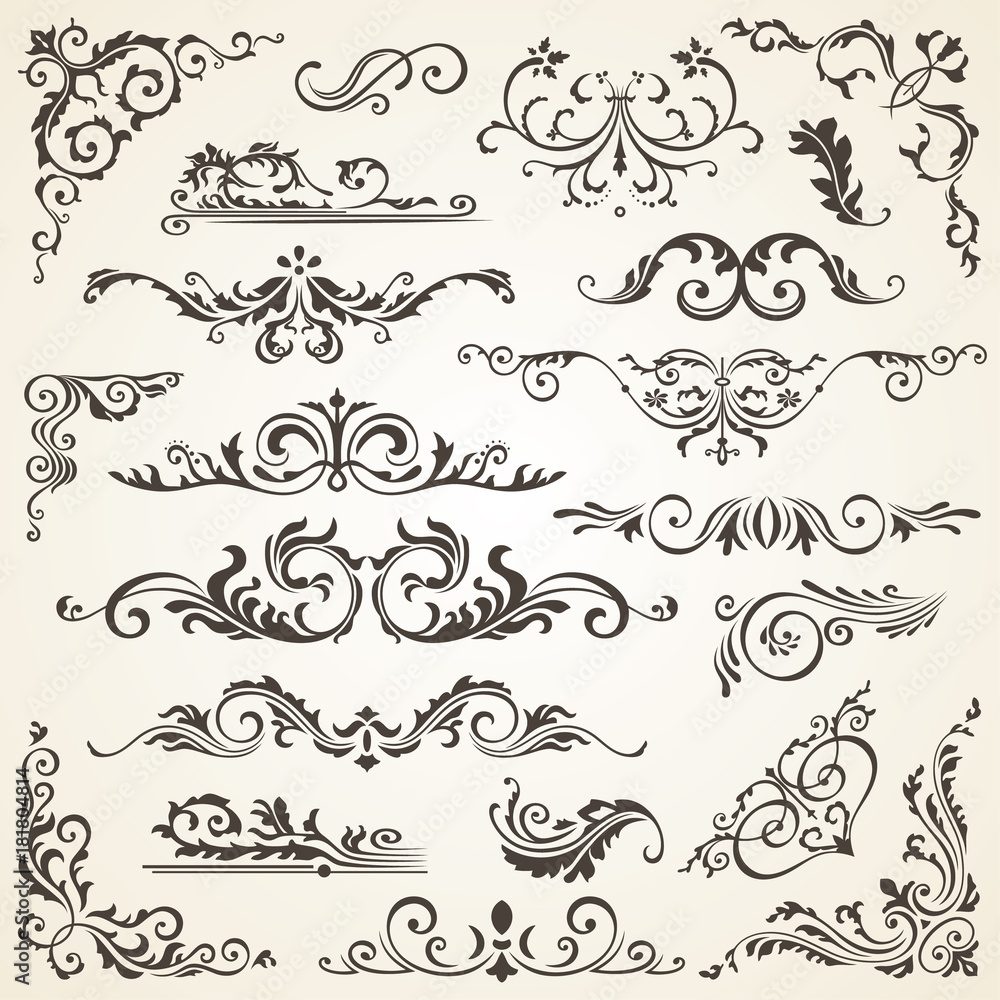  set of Swirl Elements for design. Calligraphic page decoration, Labels, banners, antique and baroque Frames floral ornaments. Old paper