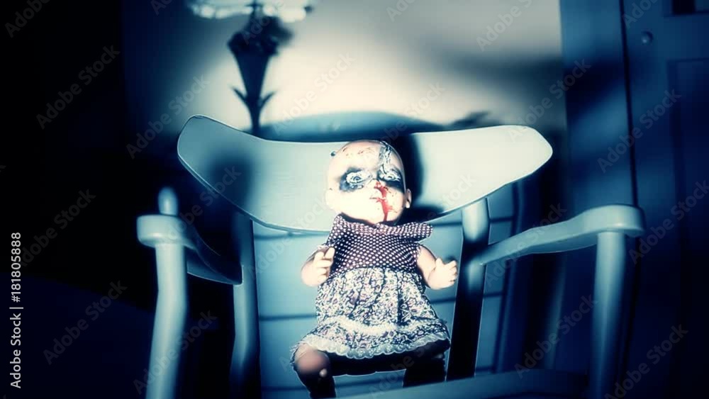 Waving nightmare: a haunted doll, eyes burned, looking at the viewer, on a moving rocking chair. Scary Halloween horror medium shot.
Waving nightmare: a haunted doll, eyes burned, looking at the viewer, on a moving rocking chair. Scary Halloween horror medium shot.