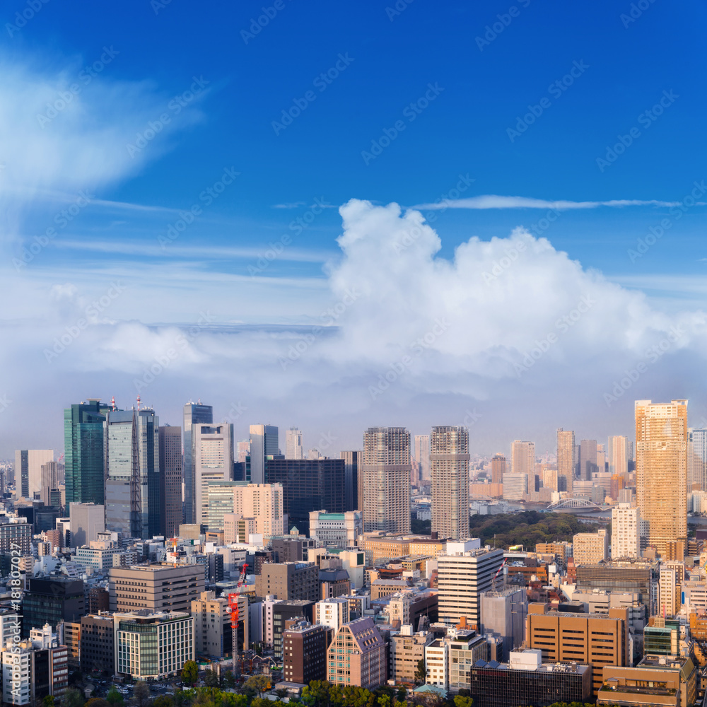 Aerial skyscraper view of office building and downtown and cityscapes of Tokyo city with blue sly and clouds background. Japan, Asia