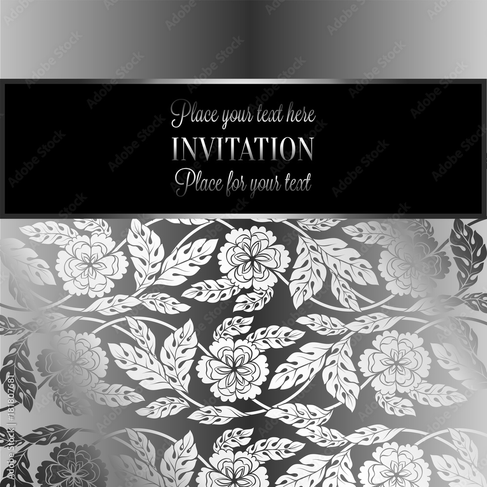 Floral background with antique, luxury black, metal silver and gray vintage frame, victorian banner,damask floral wallpaper ornaments, invitation card, baroque style booklet, fashion pattern, template
