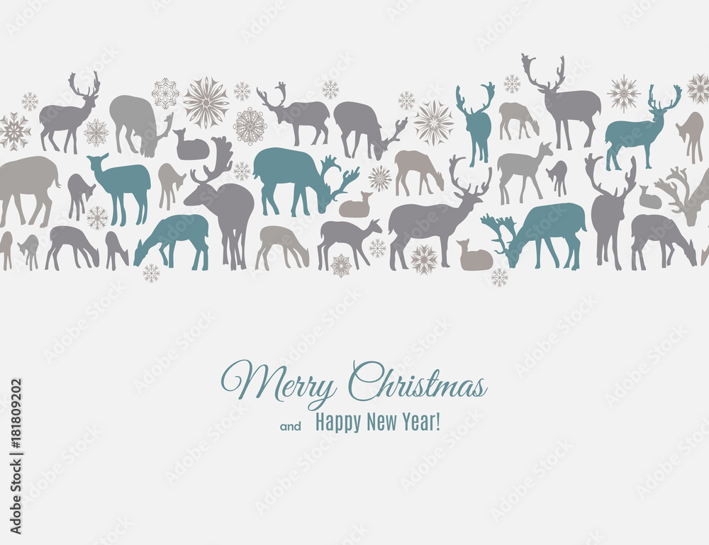 Merry Christmas and Happy New Year greeting card with deers and snowflakes pattern on white background. Abstract background for Christmas decoration. Vector winter illustration Merry Christmas and Happy New Year greeting card with deers and snowflakes pattern on white background. Abstract background for Christmas decoration. Vector winter illustration