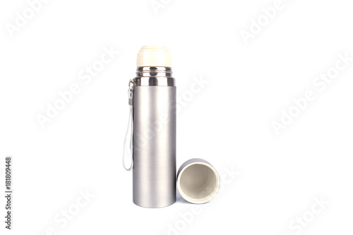 Metal thermos flask isolated on white background