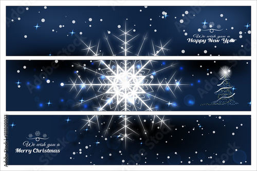Vector set of greetings bookmarks for Merry Christmas and Happy New Year on the abstract dark blue background with christmas tree, snowfall, stars and snowflake.