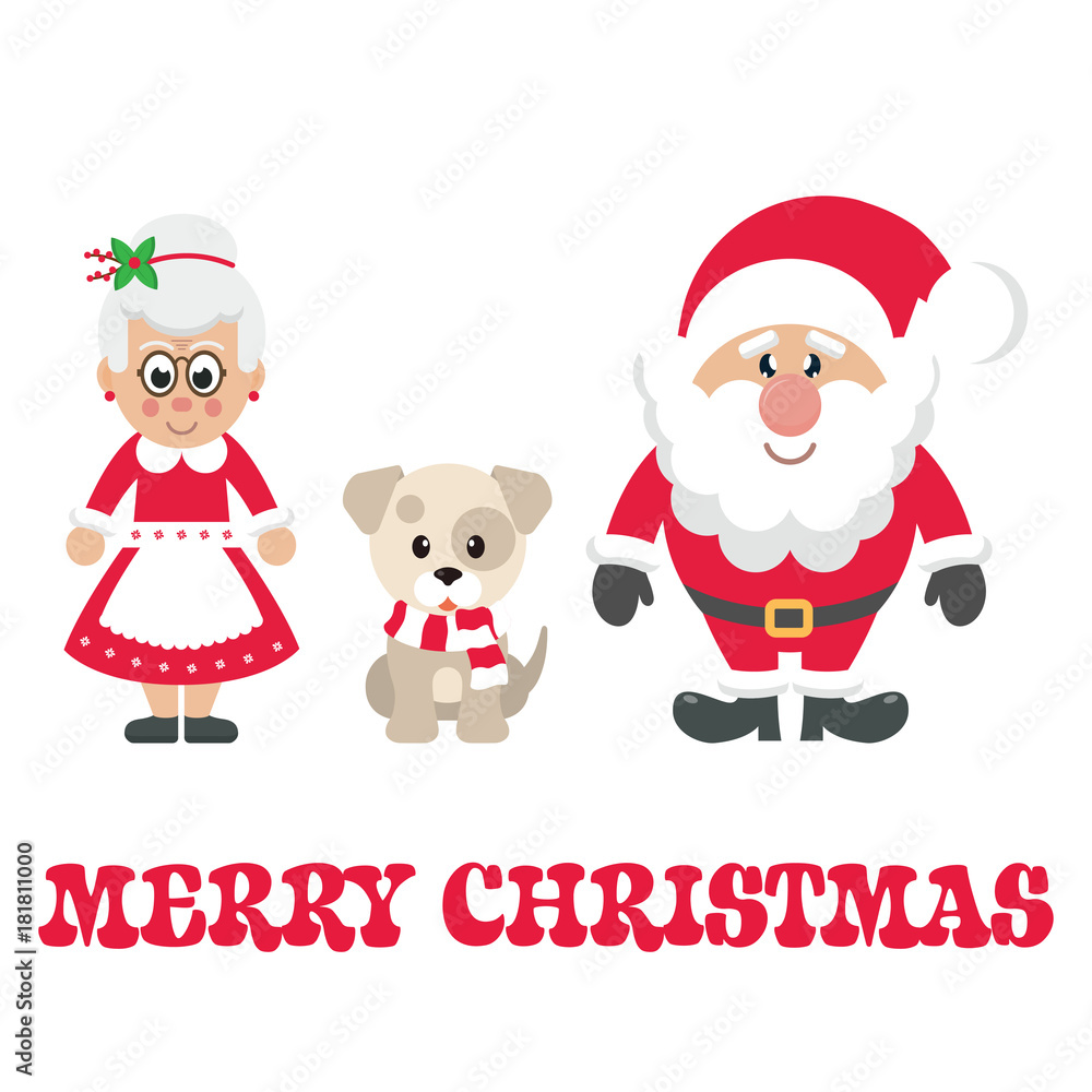 cartoon mrs santa and santa claus with winter dog and text cartoon mrs santa and santa claus with winter dog and text