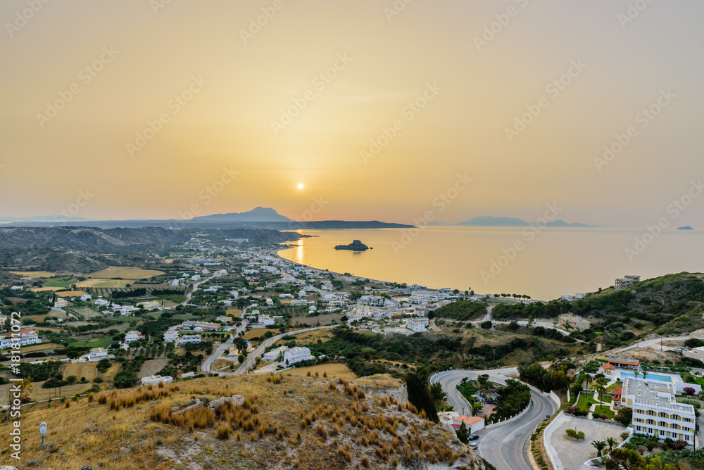 Beautiful aerial view of the village Kefalos, Kastri island and the coast of Kos at sunrise, Dodecanese, Greece
