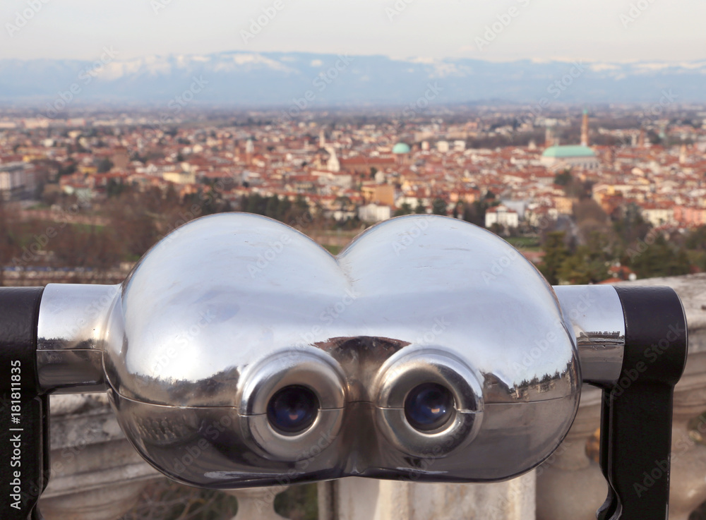 steel binoculars with panoramic view of the Vicenza City in Ital