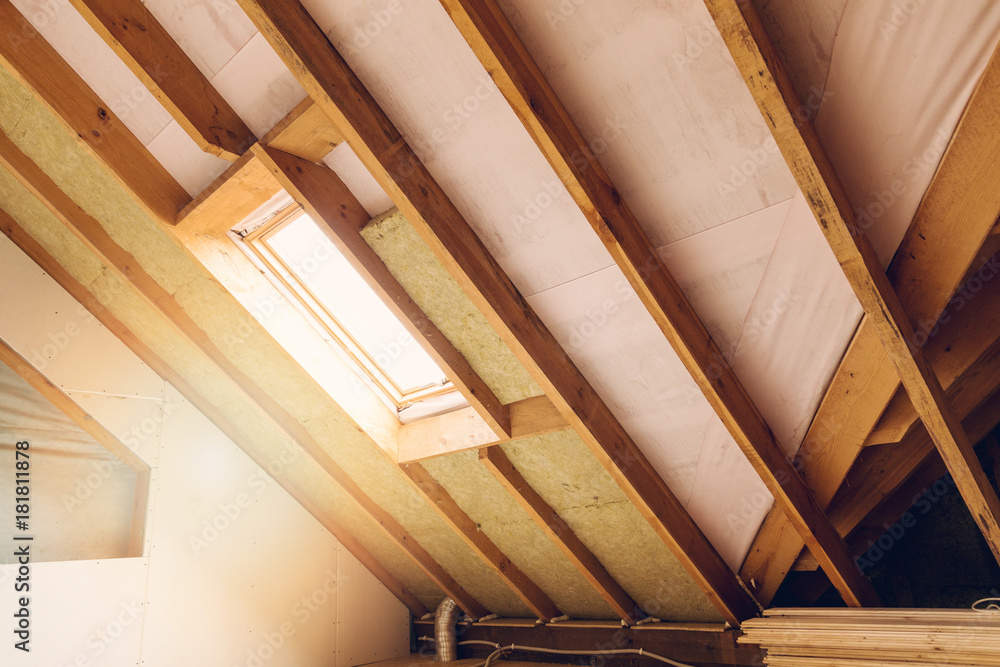 house attic under construction mansard wall insulation with rock wool house attic under construction mansard wall insulation with rock wool