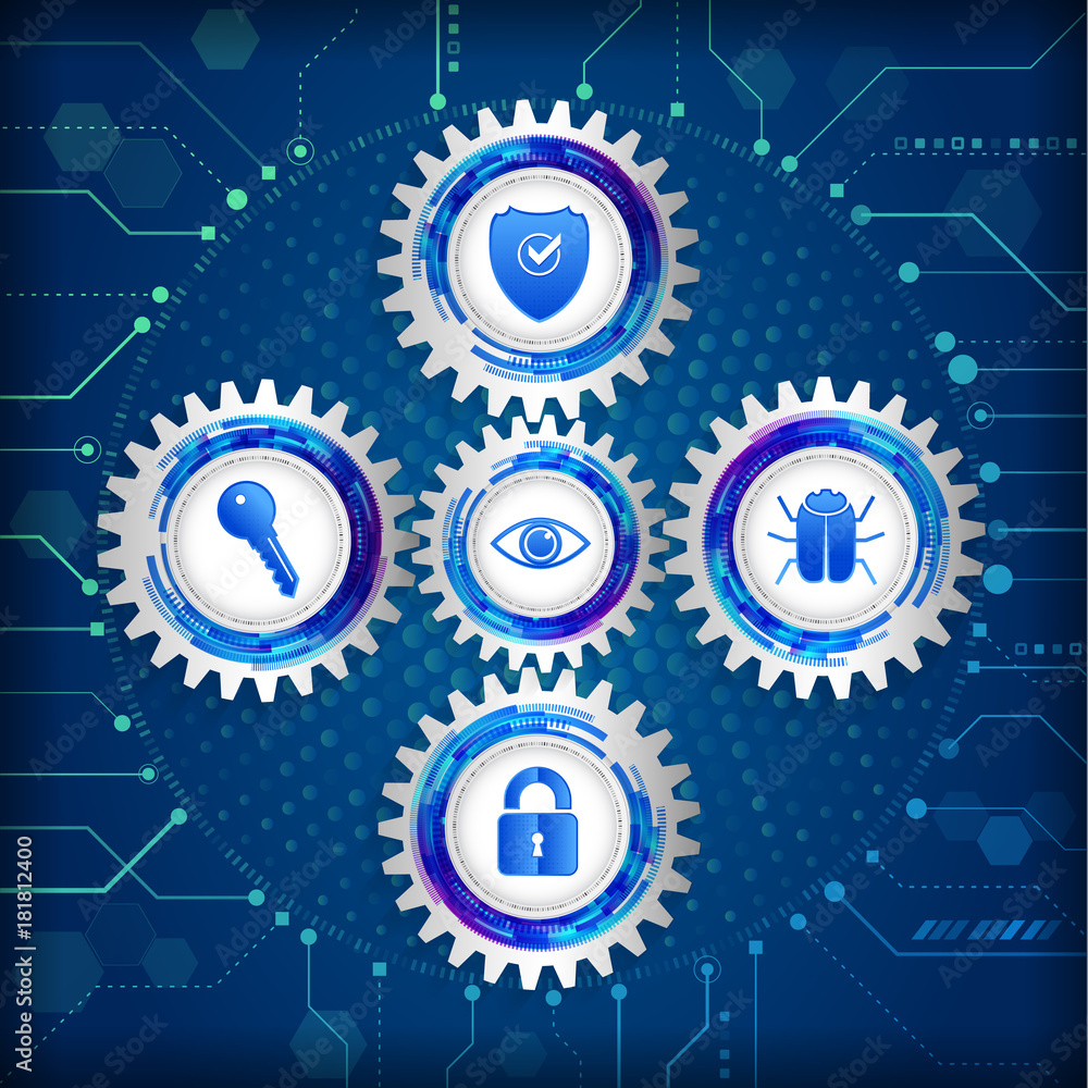 Abstract safety mechanism which is made of gears, icons eye, key, shield, hacker bug and padlock. Global network security on the circuit blue background. Digital technology protection concept. Abstract safety mechanism which is made of gears, icons eye, key, shield, hacker bug and padlock. Global network security on the circuit blue background. Digital technology protection concept.