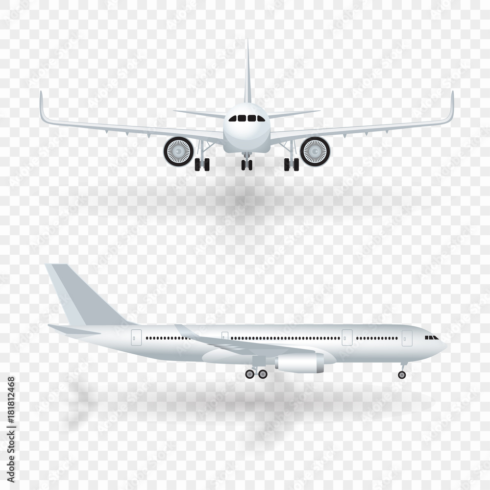White airplane with shadow icon set on checkered background in profile and from the front isolated vector illustration. White airplane with shadow icon set on checkered background in profile and from the front isolated vector illustration.