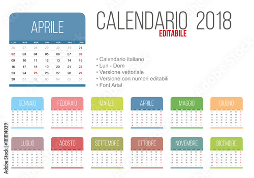 Calendario 2018 italiano vettoriale ed editabile