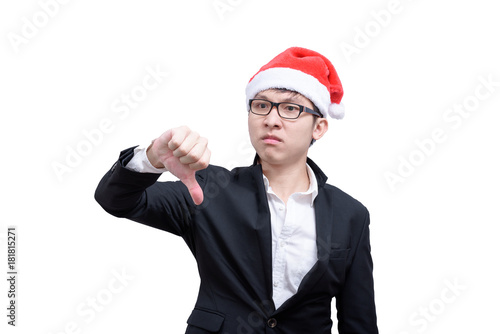 Business man has angry and upset with Christmas festival themes isolated on white background.