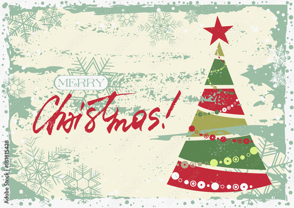 Φωτογραφία Grunge retro style greeting card for Merry Christmas and Happy New Year with stylized Christmas tree and hand written lettering in christmas colors