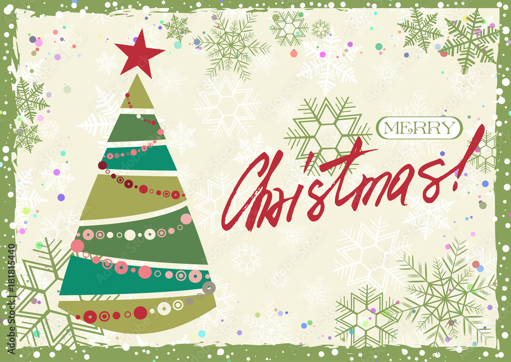 Φωτογραφία Grunge retro style greeting card for Merry Christmas and Happy New Year with stylized Christmas tree and hand written lettering in christmas colors