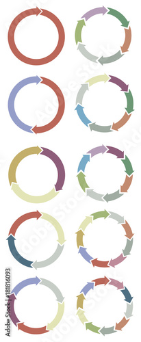 Infografica esempi frecce a cerchio, colorate, fasce. Cerchio formato da più frecce