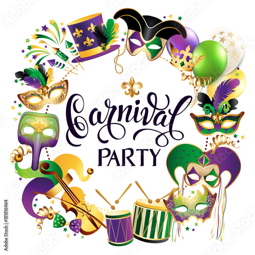 Frame Template with Golden Carnival Masks on Black Background. Glittering Celebration Festive Border. Vector Illustration.