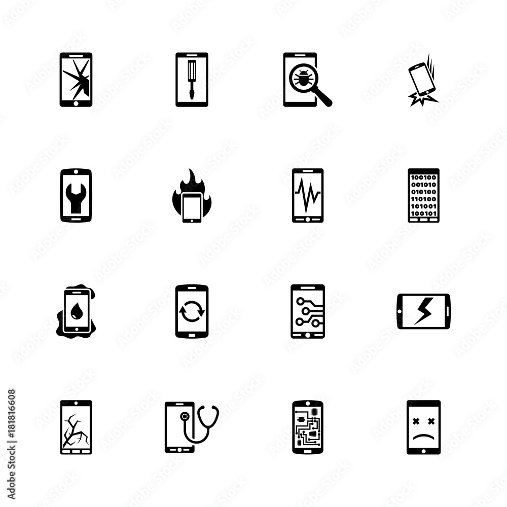 Smartphone Repair icons - Expand to any size - Change to any colour. Flat Vector Icons - Black Illustration on White Background. Smartphone Repair icons - Expand to any size - Change to any colour. Flat Vector Icons - Black Illustration on White Background.