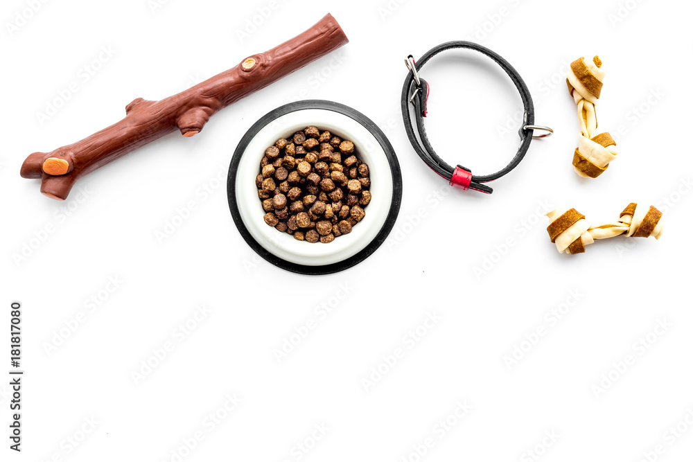 Toys for dog stick and ribbon bone near collar, dry food in bowl on white background top view copyspace
