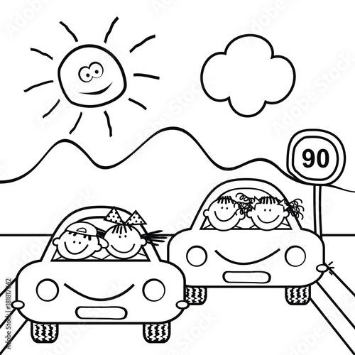 Fototapeta Kids at cars and traffic sign, landscape, coloring book for children, vector icon