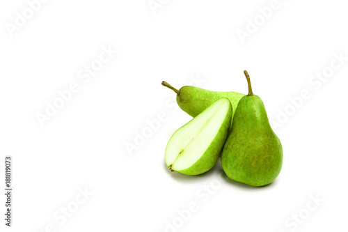Cut green pear and slice on a white background, composition of fruits. Isolate.
