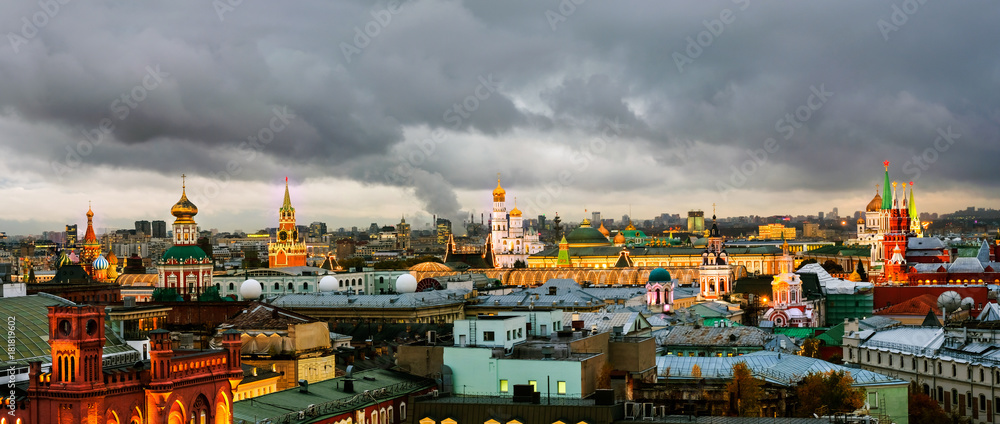 Aerial view of popular landmarks - Kremlin walls, Saint Basil Cathedral in Moscow, Russia