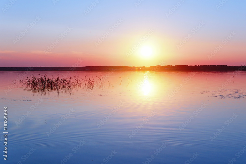 yellow sunset pink pink gray blue sunset on the lake