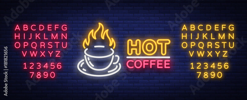 Coffee neon signboard, logo, glowing emblem, vector illustration for your business. A bright signboard advertising coffee, hot drinks. Editing text neon sign. Neon alphabet