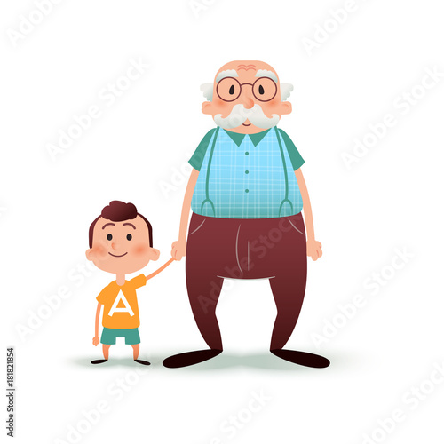 Grandfather and grandson holding hands. Little boy and old man cartoon vector illustration. Happy family concept