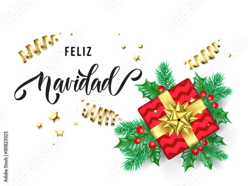 Feliz Navidad Merry Christmas Spanish trendy quote calligraphy on white premium background for winter holiday design template. Vector Christmas tree holly wreath decoration in golden ribbon confetti