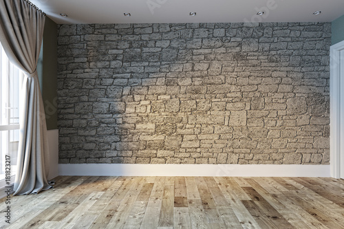 empty room interior stone wall and wood floor. 3D rendering