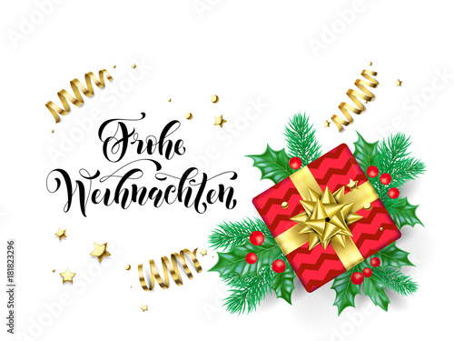 Frohe Weihnachten Merry Christmas German holiday hand drawn quote calligraphy greeting card background template. Vector Christmas tree holly wreath decoration, golden ribbon confetti on white design