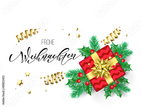 Frohe Weihnachten German Merry Christmas holiday hand drawn quote calligraphy greeting card background template. Vector Christmas tree holly wreath decoration, golden ribbon confetti on white design
