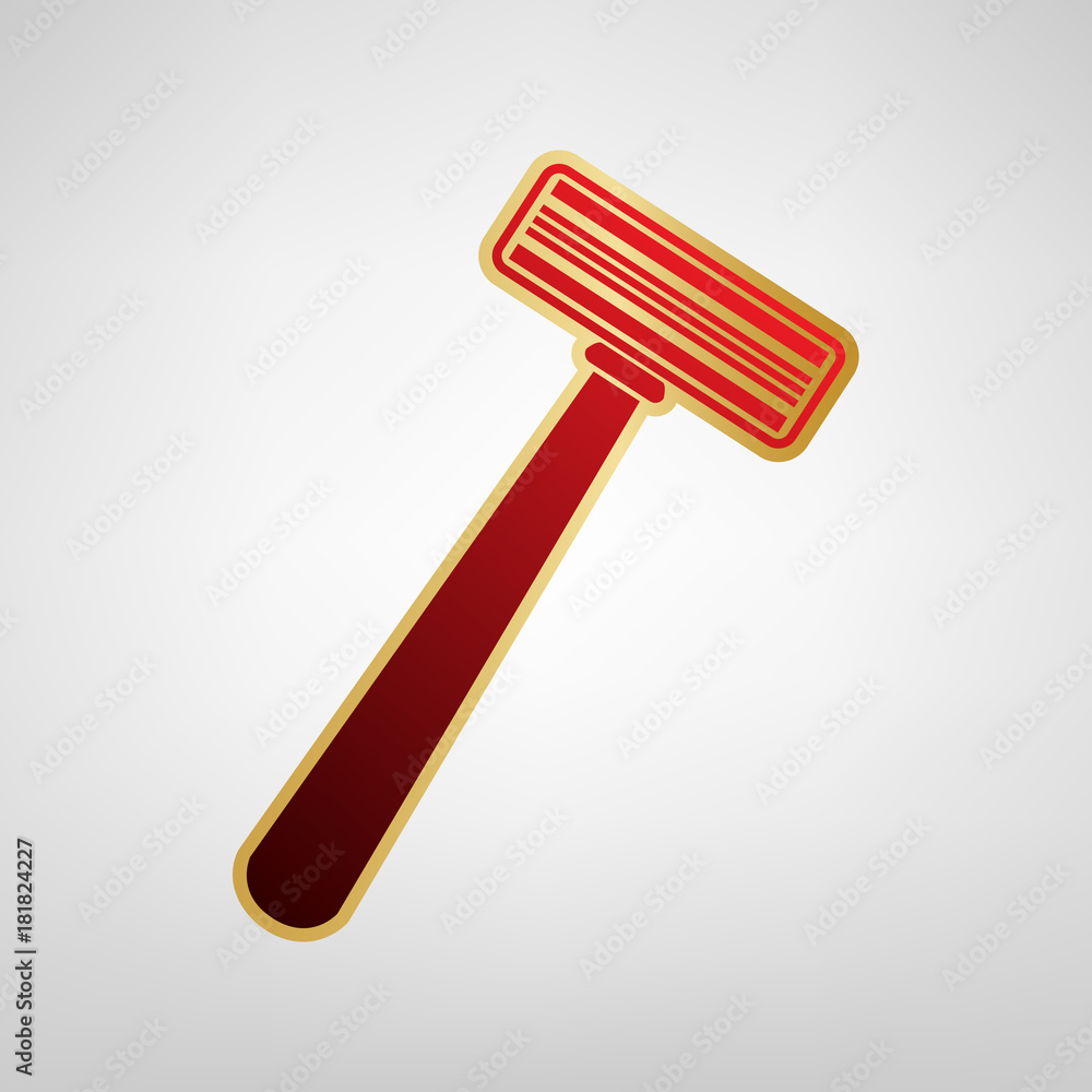 Safety razor sign. Vector. Red icon on gold sticker at light gray background. Safety razor sign. Vector. Red icon on gold sticker at light gray background.