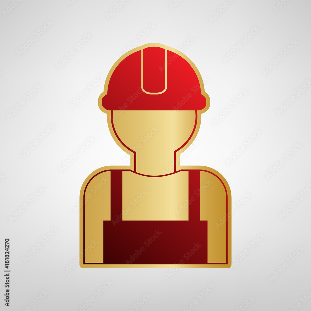 Worker sign. Vector. Red icon on gold sticker at light gray background.