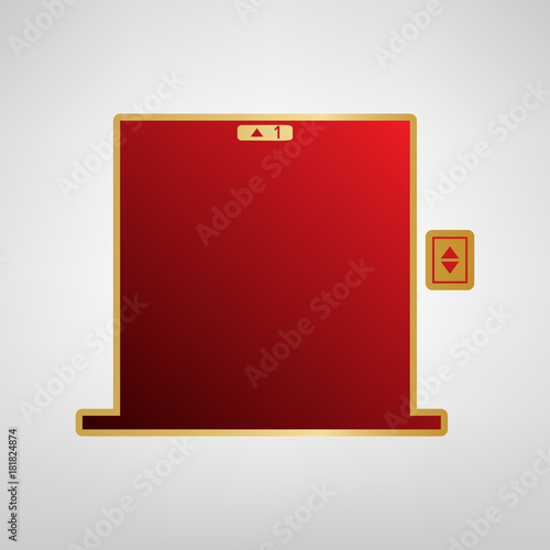 Elevators door sign. Vector. Red icon on gold sticker at light gray background.