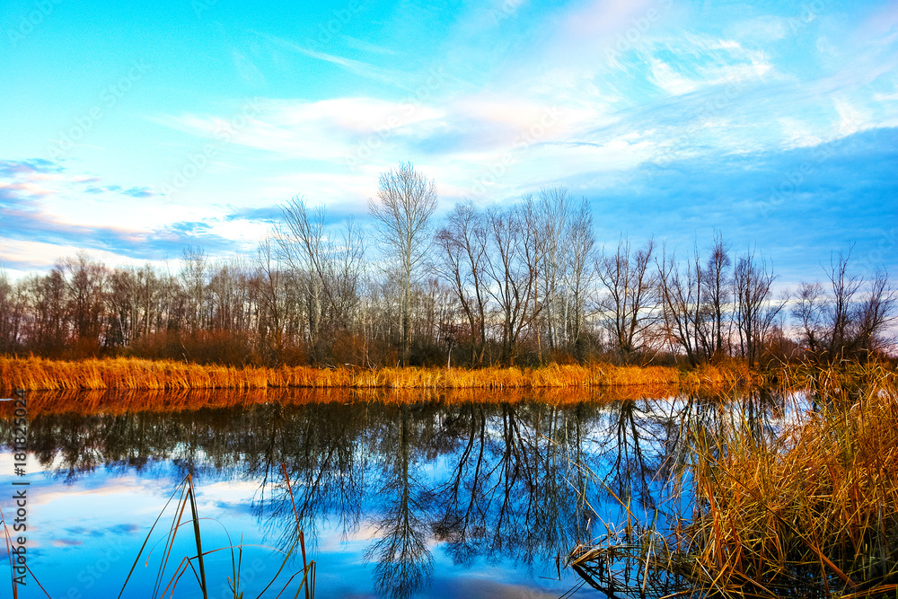 Late fall. Autumn landscape on the lake.