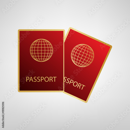 Two passports sign illustration. Vector. Red icon on gold sticker at light gray background.