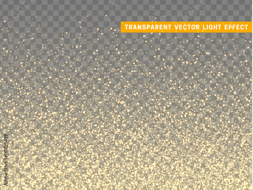 Gold glitter particles on transparent background. Golden glowing lights magic effects. Glow sparkles, vector illustration.