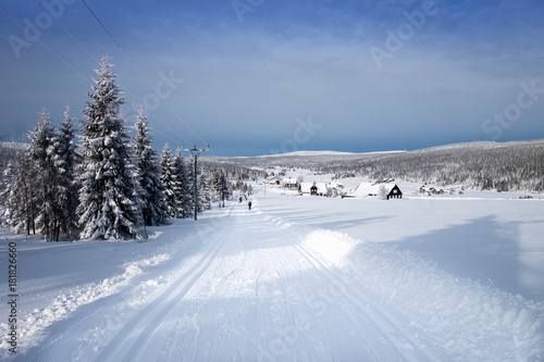 Winter mountain landscape with cross country skiing trails, Jeseniky mountains, Czech Republic