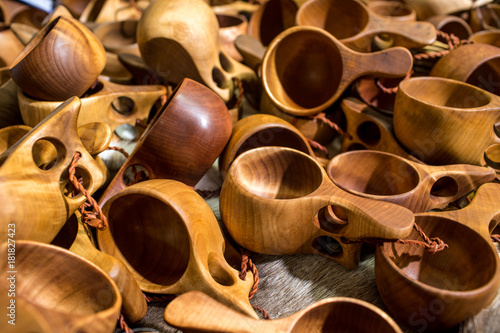 A Group Of Guksi Or Kuksa Drinking Cups Hand Crafted From Carved Birch Burl By The Sami People Of Finland In Lapland Northern Scandinavia . Selective Focus photo